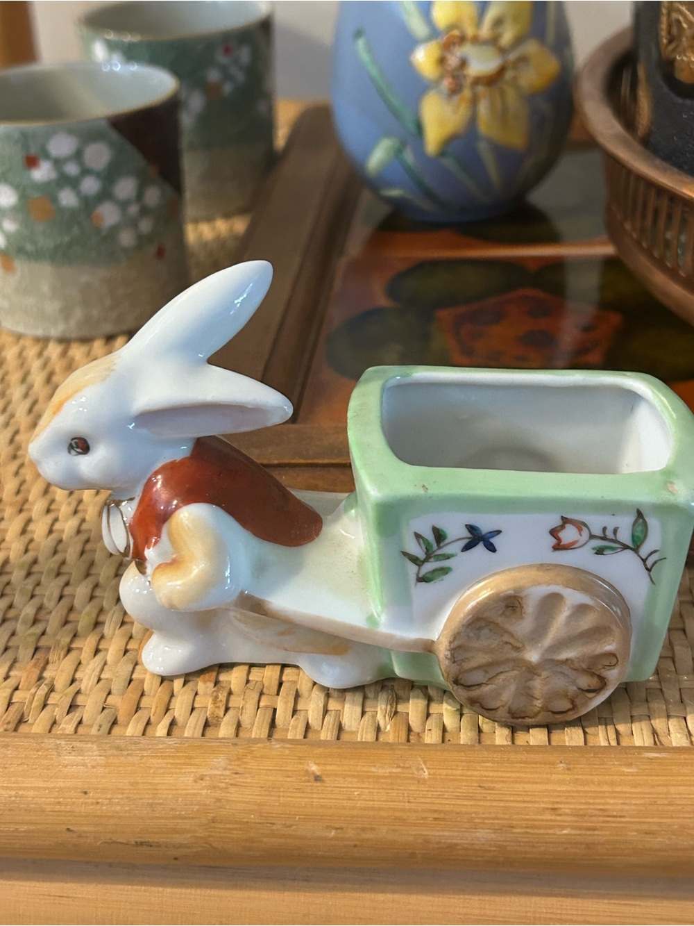 Vintage occupied Japan Figurine Ceramic Bunny Pulling a Wagon